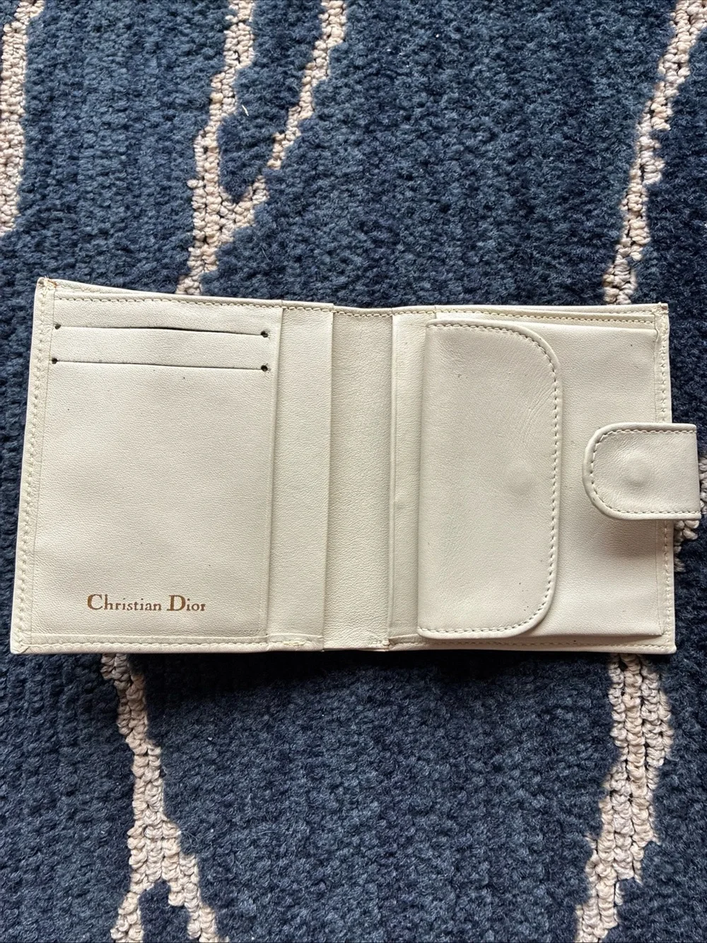 Vintage CHRISTIAN DIOR Off-White Soft Lamb Leather Wallet Bifold Gold Snap